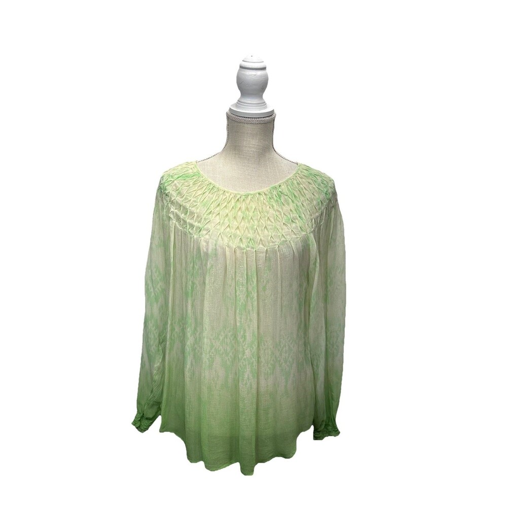 Sundance Green Silk Chiffon Smocked Ombre Sheer Boho Blouse Top Large Flowy - Picture 12 of 12